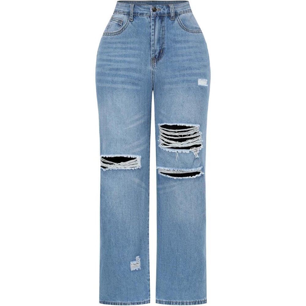 Womens High Waist Wide Leg Distressed Stretch Denim Jeans Size 8-10